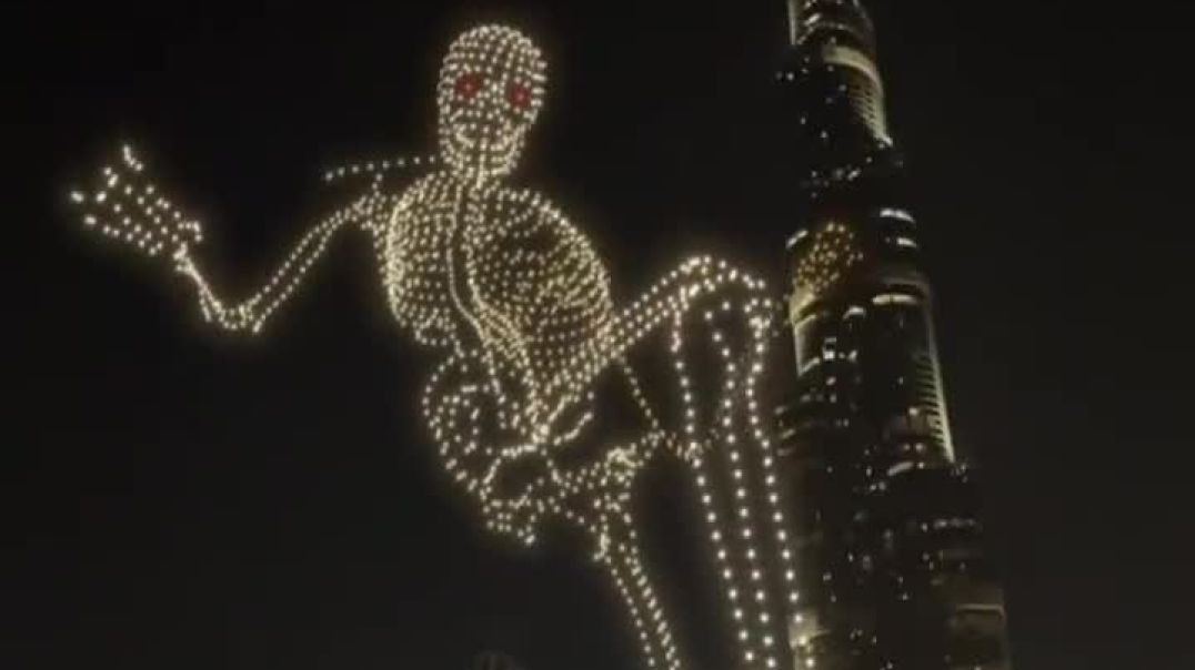 ⁣⁣A video of a huge skeleton made of drones near the Burj Khalifa in Dubai has been released in honor